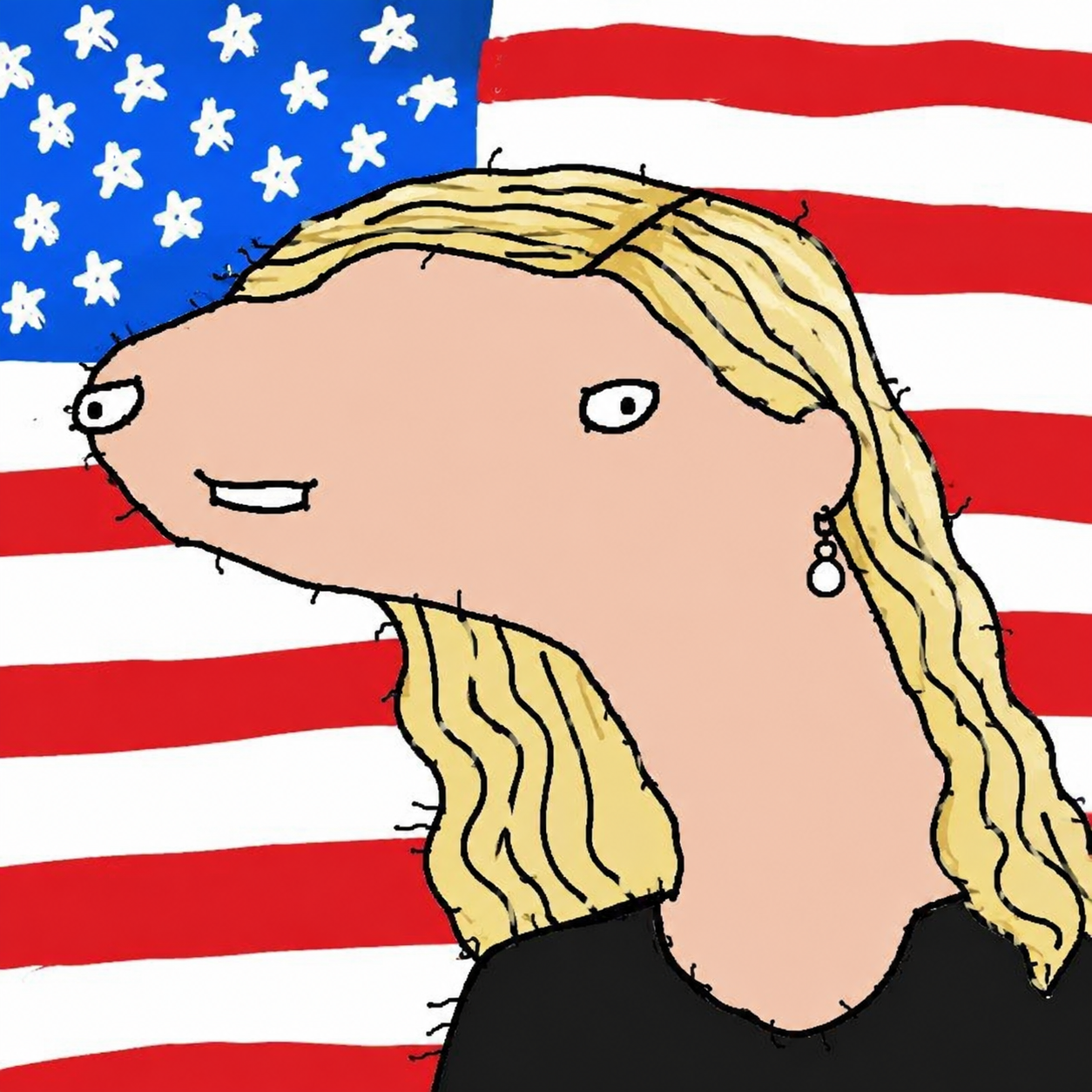 IVENKA cartoon portrait, a blonde woman with a long nose in front of the American flag
